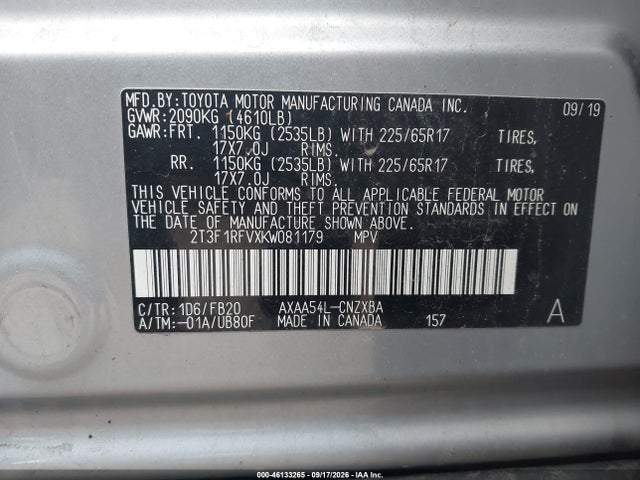 Aukcja sprzedaży 2019 Toyota Rav4 Le, vin: 2T3F1RFVXKW081179, numer aukcji: 46133265
