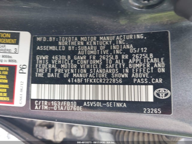 Продаж на аукціоні авто 2012 Toyota Camry Le, vin: 4T4BF1FKXCR222856, номер лоту: 46133273