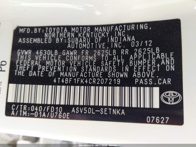 Продаж на аукціоні авто 2012 Toyota Camry Le, vin: 4T4BF1FK4CR207219, номер лоту: 46133276