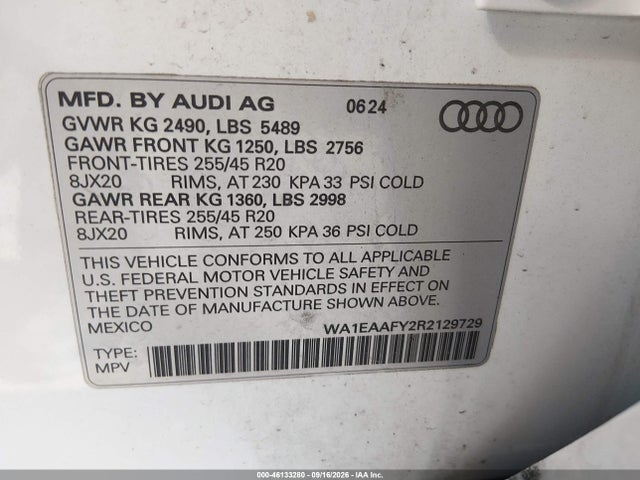 Aukcja sprzedaży 2024 Audi Q5 Premium Plus 45 Tfsi S Line Quattro, vin: WA1EAAFY2R2129729, numer aukcji: 46133280