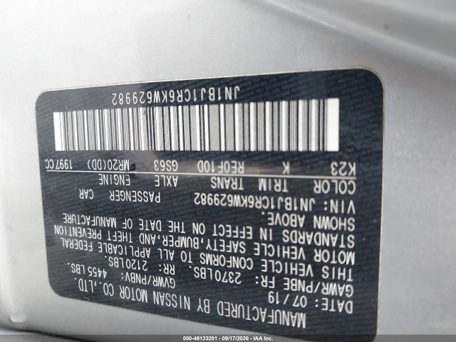 2019 Nissan Rogue Sport Sv მანქანა იყიდება აუქციონზე, vin: JN1BJ1CR6KW629982, აუქციონის ნომერი: 46133281