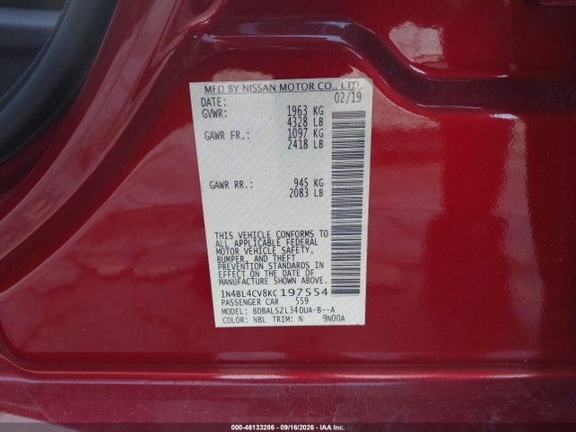 Aukcja sprzedaży 2019 Nissan Altima 2.5 Sr, vin: 1N4BL4CV8KC197554, numer aukcji: 46133286