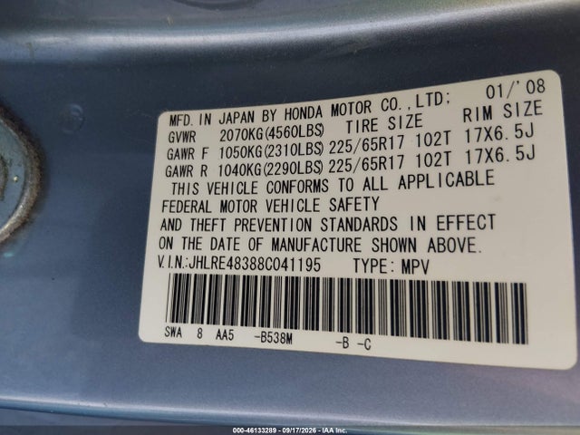 Aukcja sprzedaży 2008 Honda Cr-v Lx, vin: JHLRE48388C041195, numer aukcji: 46133289