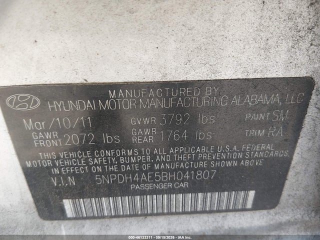 46133311 :رقم المزاد ، 5NPDH4AE5BH041807 vin ، 2011 Hyundai Elantra Gls مزاد بيع