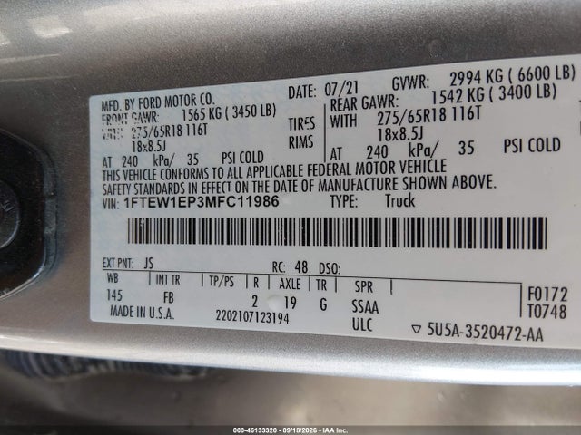 2021 Ford F-150 Xlt მანქანა იყიდება აუქციონზე, vin: 1FTEW1EP3MFC11986, აუქციონის ნომერი: 46133320