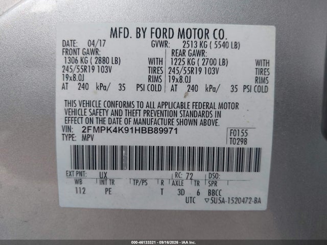 2017 Ford Edge Titanium მანქანა იყიდება აუქციონზე, vin: 2FMPK4K91HBB89971, აუქციონის ნომერი: 46133321