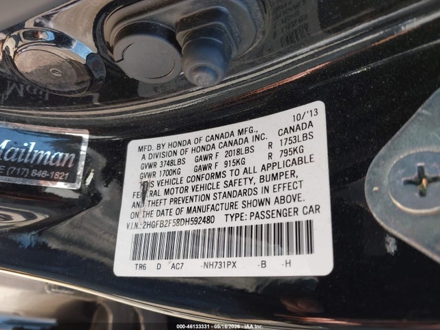 46133331 :رقم المزاد ، 2HGFB2F58DH592480 vin ، 2013 Honda Civic Lx مزاد بيع