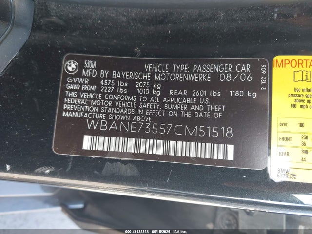 2007 Bmw 530i მანქანა იყიდება აუქციონზე, vin: WBANE73557CM51518, აუქციონის ნომერი: 46133338
