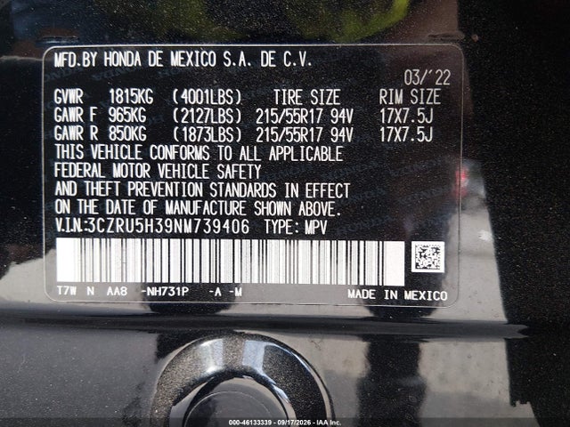 Продаж на аукціоні авто 2022 Honda Hr-v 2wd Lx, vin: 3CZRU5H39NM739406, номер лоту: 46133339