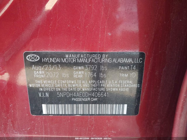 2013 Hyundai Elantra Gls მანქანა იყიდება აუქციონზე, vin: 5NPDH4AE0DH406641, აუქციონის ნომერი: 46133344