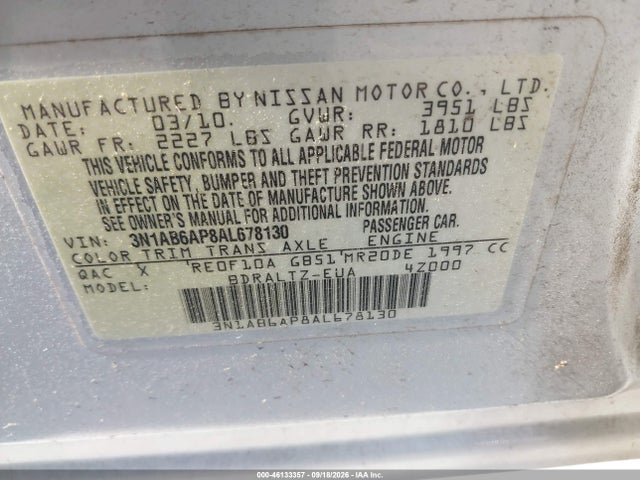 Продаж на аукціоні авто 2010 Nissan Sentra 2.0sr, vin: 3N1AB6AP8AL678130, номер лоту: 46133357