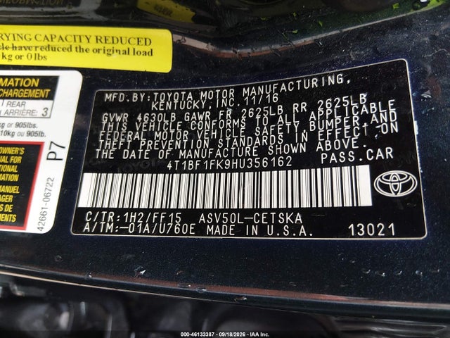 46133387 :رقم المزاد ، 4T1BF1FK9HU356162 vin ، 2017 Toyota Camry Se مزاد بيع