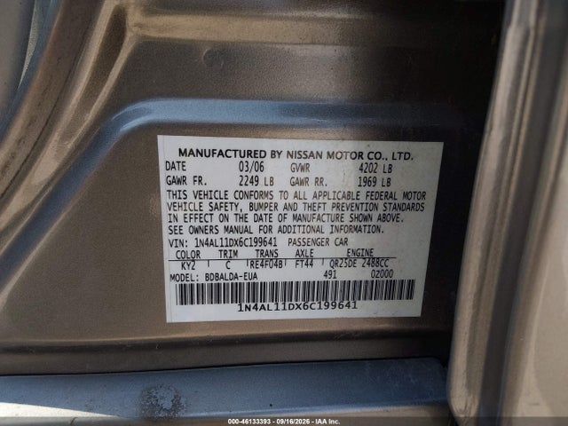 46133393 :رقم المزاد ، 1N4AL11DX6C199641 vin ، 2006 Nissan Altima 2.5 S مزاد بيع