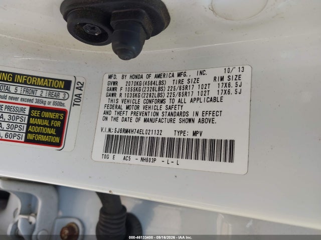 2014 Honda Cr-v Ex-l მანქანა იყიდება აუქციონზე, vin: 5J6RM4H74EL021132, აუქციონის ნომერი: 46133400