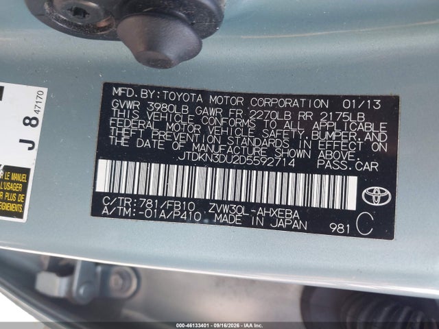46133401 :رقم المزاد ، JTDKN3DU2D5592714 vin ، 2013 Toyota Prius Two مزاد بيع