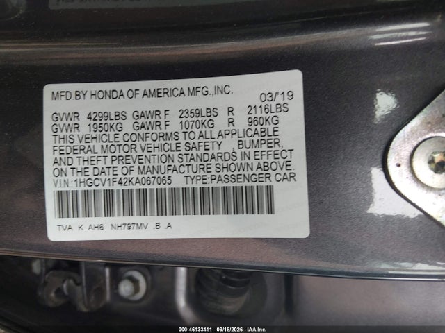 46133411 :رقم المزاد ، 1HGCV1F42KA067065 vin ، 2019 Honda Accord Ex مزاد بيع