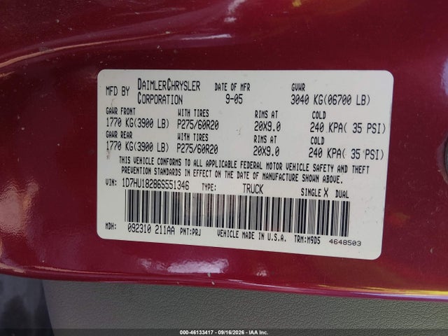 46133417 :رقم المزاد ، 1D7HU18286S551346 vin ، 2006 Dodge Ram 1500 Slt/trx4 Off Road/sport مزاد بيع