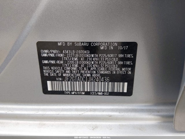 46133433 :رقم المزاد ، JF2GTADC1JH240436 vin ، 2018 Subaru Crosstrek 2.0i Premium مزاد بيع