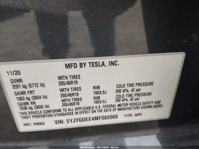 2021 Tesla Model Y Long Range Dual Motor All-wheel Drive მანქანა იყიდება აუქციონზე, vin: 5YJYGDEE4MF080906, აუქციონის ნომერი: 46133445