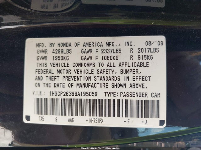 46133449 :رقم المزاد ، 1HGCP26399A195059 vin ، 2009 Honda Accord 2.4 Lx مزاد بيع