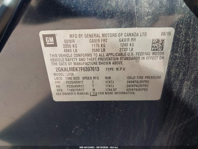 Продаж на аукціоні авто 2015 Gmc Terrain Sle-1, vin: 2GKALMEK7F6397613, номер лоту: 46133453