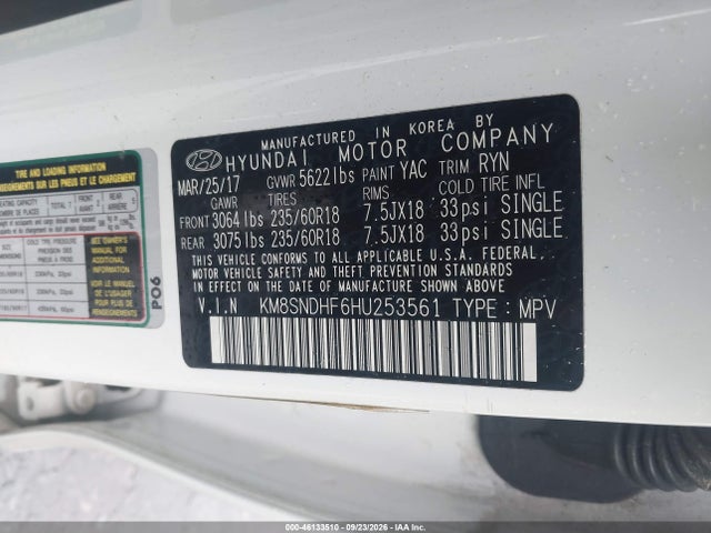 Продаж на аукціоні авто 2017 Hyundai Santa Fe Se, vin: KM8SNDHF6HU253561, номер лоту: 46133510