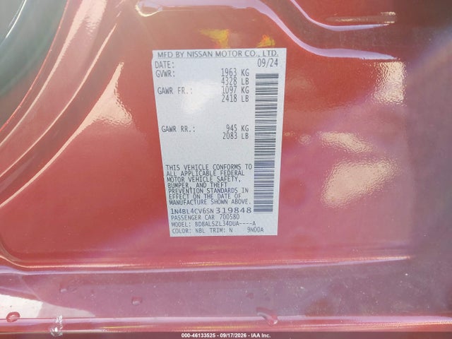 46133525 :رقم المزاد ، 1N4BL4CV6SN319848 vin ، 2025 Nissan Altima Sr Fwd مزاد بيع