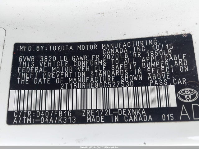 Aukcja sprzedaży 2016 Toyota Corolla Le, vin: 2T1BURHE8GC527530, numer aukcji: 46133526
