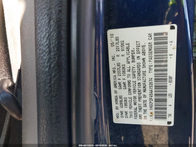 2010 Honda Accord 2.4 Lx-p მანქანა იყიდება აუქციონზე, vin: 1HGCP2F45AA152674, აუქციონის ნომერი: 46133530