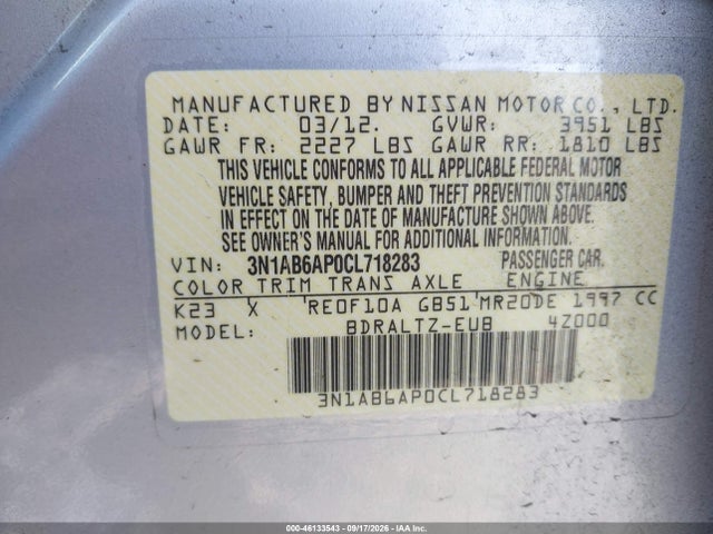 2012 Nissan Sentra 2.0 S მანქანა იყიდება აუქციონზე, vin: 3N1AB6AP0CL718283, აუქციონის ნომერი: 46133543