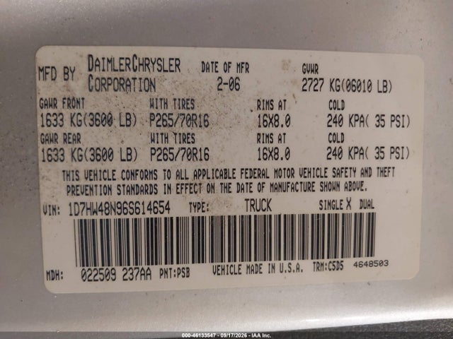46133547 :رقم المزاد ، 1D7HW48N96S614654 vin ، 2006 Dodge Dakota Slt مزاد بيع