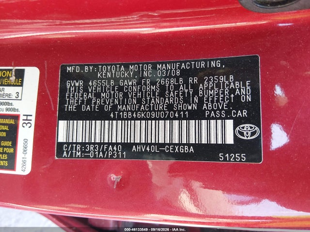 46133549 :رقم المزاد ، 4T1BB46K09U070411 vin ، 2009 Toyota Camry Hybrid مزاد بيع