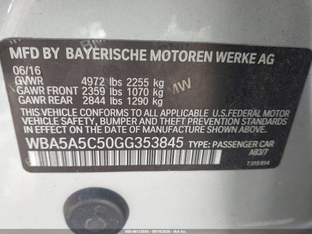 Aukcja sprzedaży 2016 Bmw 528i, vin: WBA5A5C50GG353845, numer aukcji: 46133550