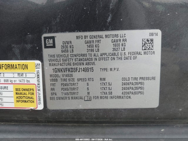 46133552 :رقم المزاد ، 1GNKVFKD3FJ149915 vin ، 2015 Chevrolet Traverse Ls مزاد بيع