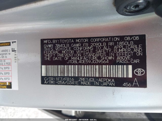 46133557 :رقم المزاد ، JTDBL40E59J039564 vin ، 2009 Toyota Corolla Le مزاد بيع