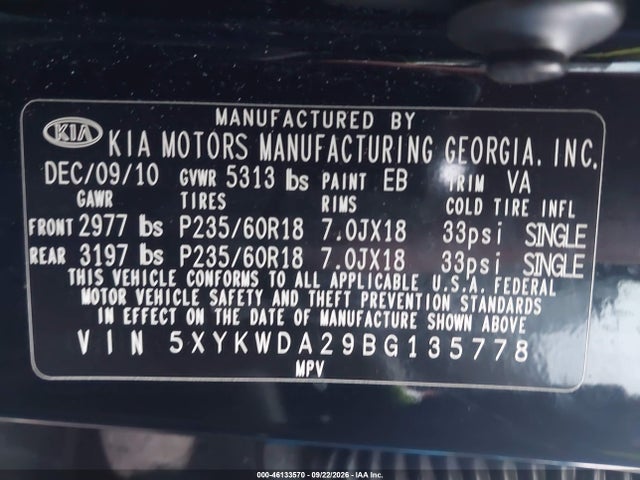 Auction sale of the 2011 Kia Sorento Sx V6, vin: 5XYKWDA29BG135778, lot number: 46133570