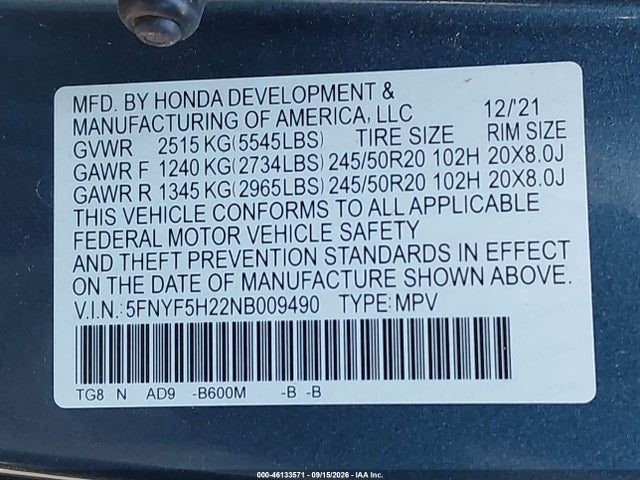 Aukcja sprzedaży 2022 Honda Pilot 2wd Special Edition, vin: 5FNYF5H22NB009490, numer aukcji: 46133571