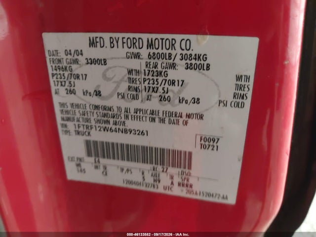 Aukcja sprzedaży 2004 Ford F-150 Stx/xl/xlt, vin: 1FTRF12W64NB93261, numer aukcji: 46133582