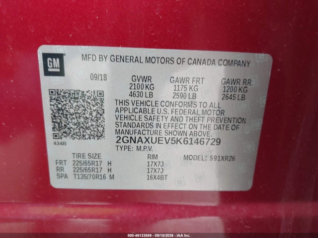 Продажа на аукционе авто 2019 Chevrolet Equinox Lt, vin: 2GNAXUEV5K6146729, номер лота: 46133589