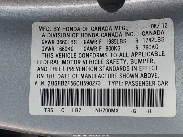 Продаж на аукціоні авто 2012 Honda Civic Lx, vin: 2HGFB2F56CH590273, номер лоту: 46133591