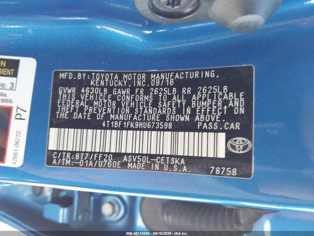 2017 Toyota Camry Se მანქანა იყიდება აუქციონზე, vin: 4T1BF1FK9HU673598, აუქციონის ნომერი: 46133595