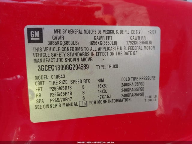 Aukcja sprzedaży 2008 Chevrolet Silverado 1500 Lt1, vin: 3GCEC13098G204589, numer aukcji: 46133598