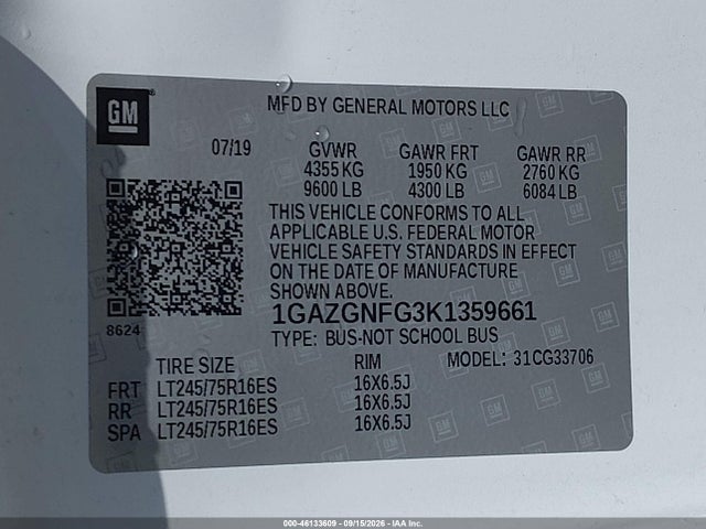 46133609 :رقم المزاد ، 1GAZGNFG3K1359661 vin ، 2019 Chevrolet Express 3500 Ls مزاد بيع
