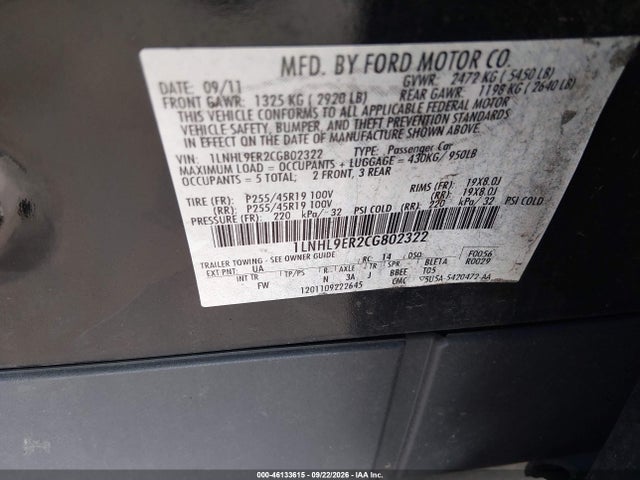 46133615 :رقم المزاد ، 1LNHL9ER2CG802322 vin ، 2012 Lincoln Mks مزاد بيع