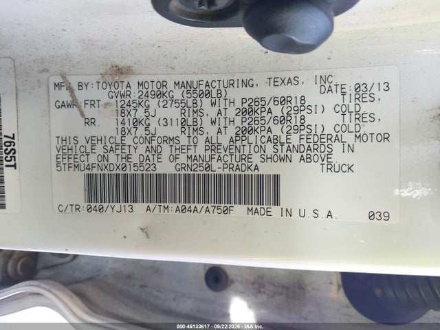Aukcja sprzedaży 2013 Toyota Tacoma Base V6, vin: 5TFMU4FNXDX015523, numer aukcji: 46133617