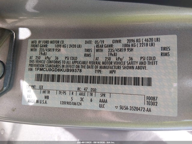 Продажа на аукционе авто 2019 Ford Escape Se, vin: 1FMCU0GD8KUB99378, номер лота: 46133625
