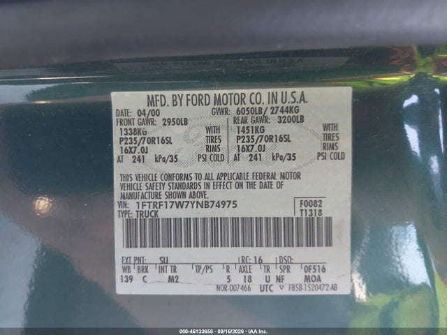 Продажа на аукционе авто 2000 Ford F-150 Work Series/xl/xlt, vin: 1FTRF17W7YNB74975, номер лота: 46133658