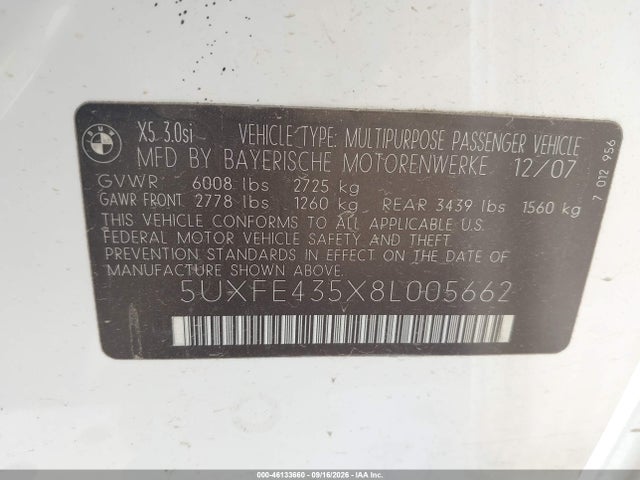 Aukcja sprzedaży 2008 Bmw X5 3.0si, vin: 5UXFE435X8L005662, numer aukcji: 46133660