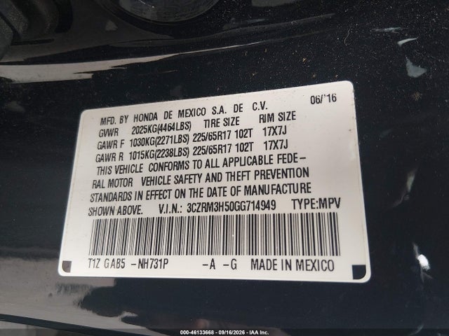 2016 Honda Cr-v Ex მანქანა იყიდება აუქციონზე, vin: 3CZRM3H50GG714949, აუქციონის ნომერი: 46133668