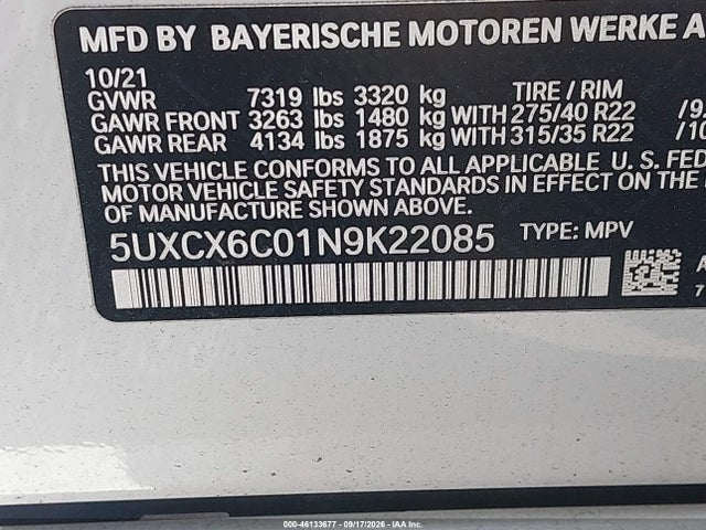 5UXCX6C01N9K22085 BMW X7 M50i